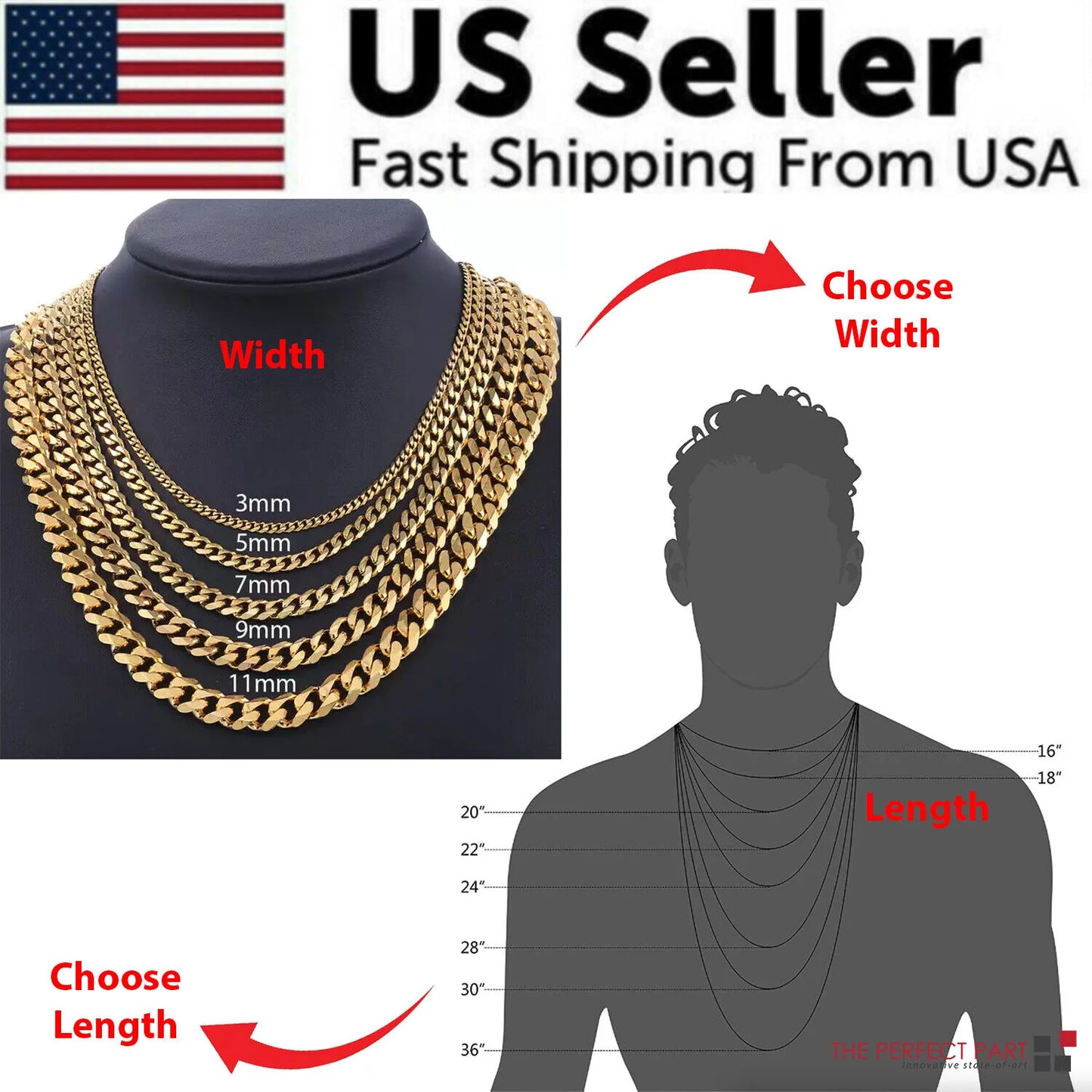 Stainless Steel Gold Silver Chain Cuban Curb Womens Mens Necklace 3/5/7/9/11Mm