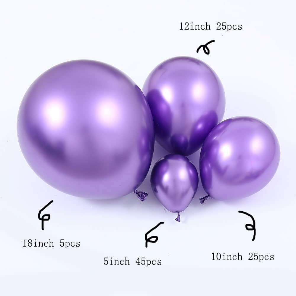 100Pcs Metallic Purple Latex Balloons Various Sizes Chrome Balloon 18/12/10/5 Inch Helium Balloon Perfect for Birthday Valentines Baby Shower Bridal Shower Wedding Anniversary Balloons (Purple)