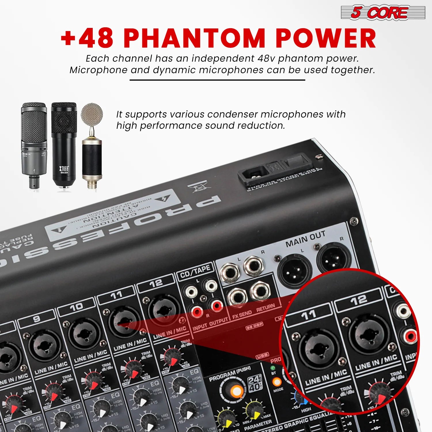 5 Core Audio Mixer 12 Channel DJ Equipment with Bluetooth USB Console Sound Board