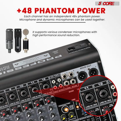 5 Core Audio Mixer 12 Channel DJ Equipment with Bluetooth USB Console Sound Board