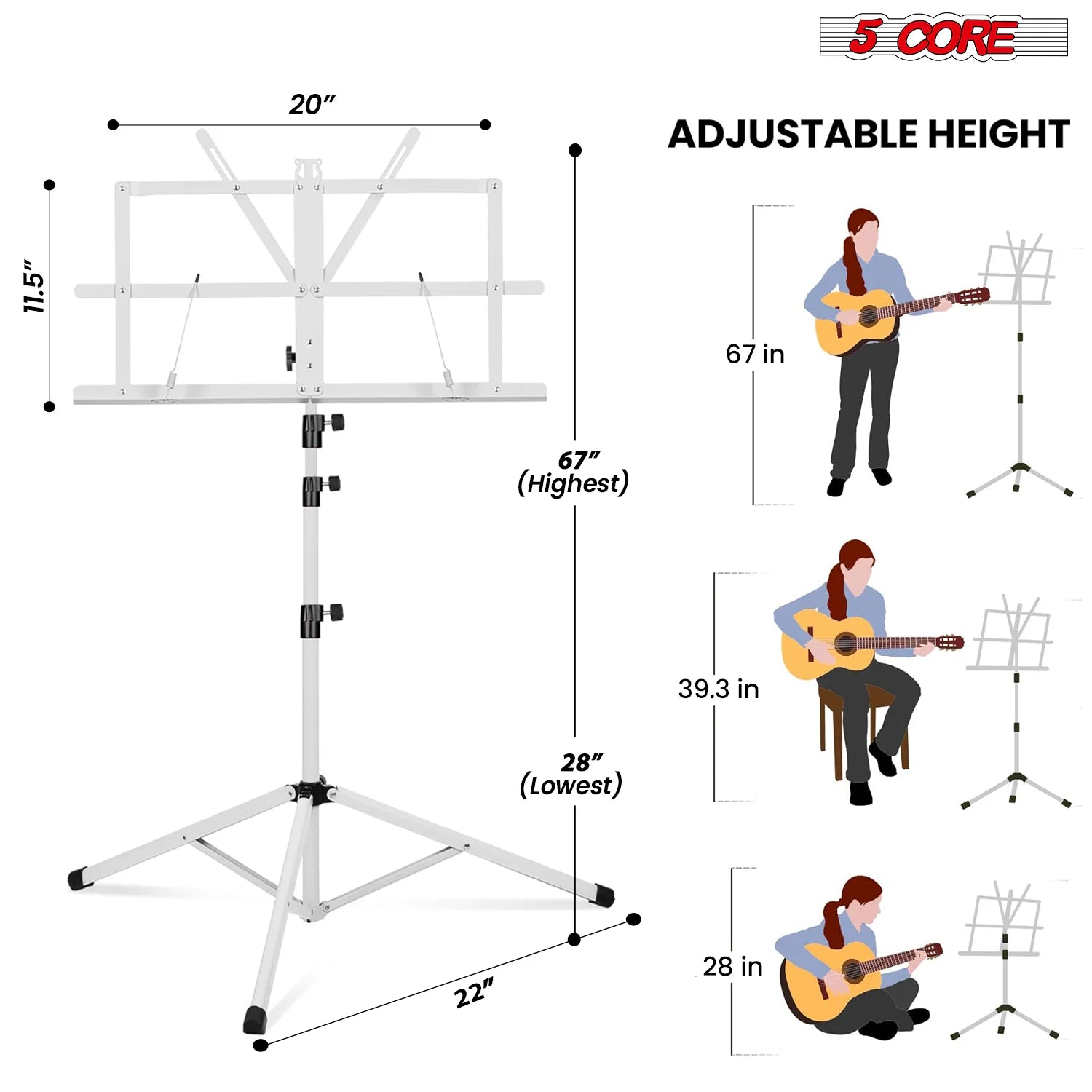 5Core Music Stand for Sheet Music Portable Tripod MUS FLD 4S WH