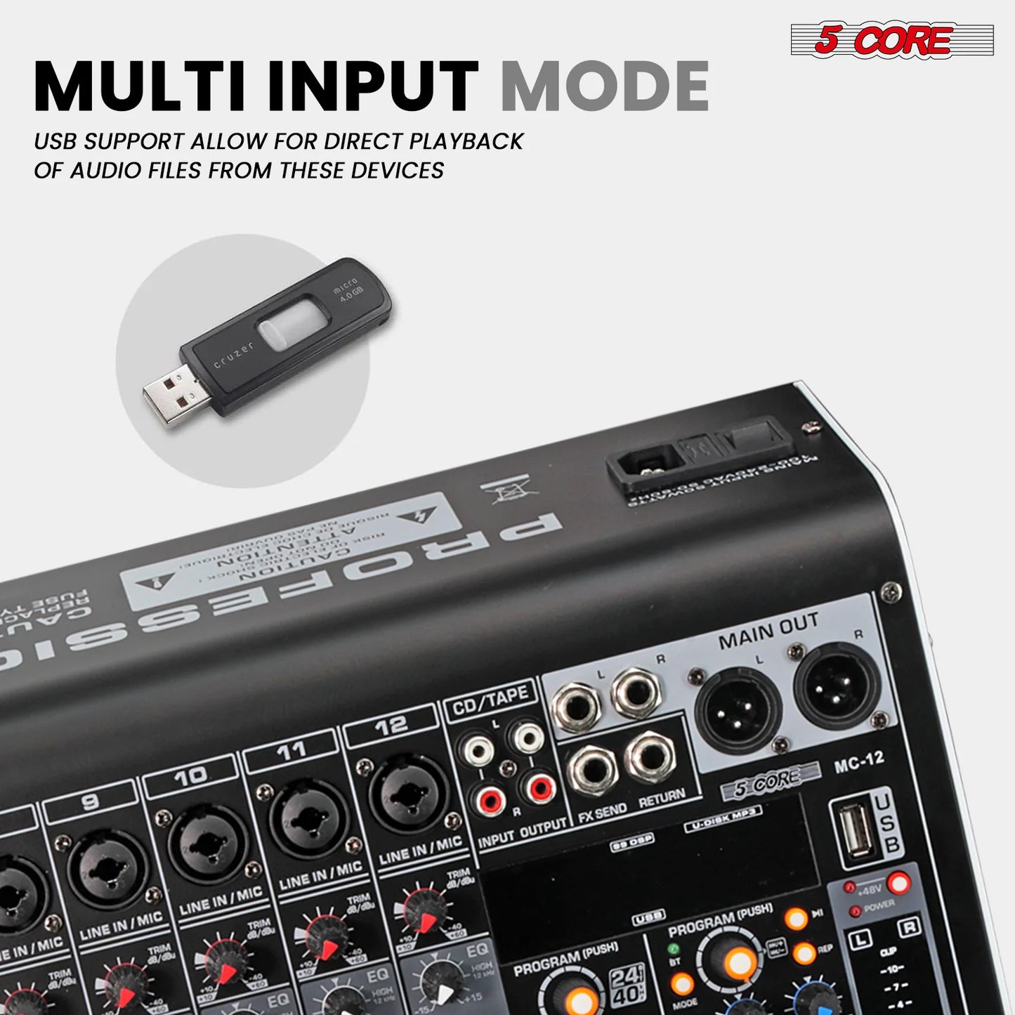 5 Core Audio Mixer 12 Channel DJ Equipment with Bluetooth USB Console Sound Board