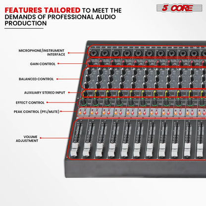 5 Core Audio Mixer 12 Channel DJ Equipment with Bluetooth USB Console Sound Board